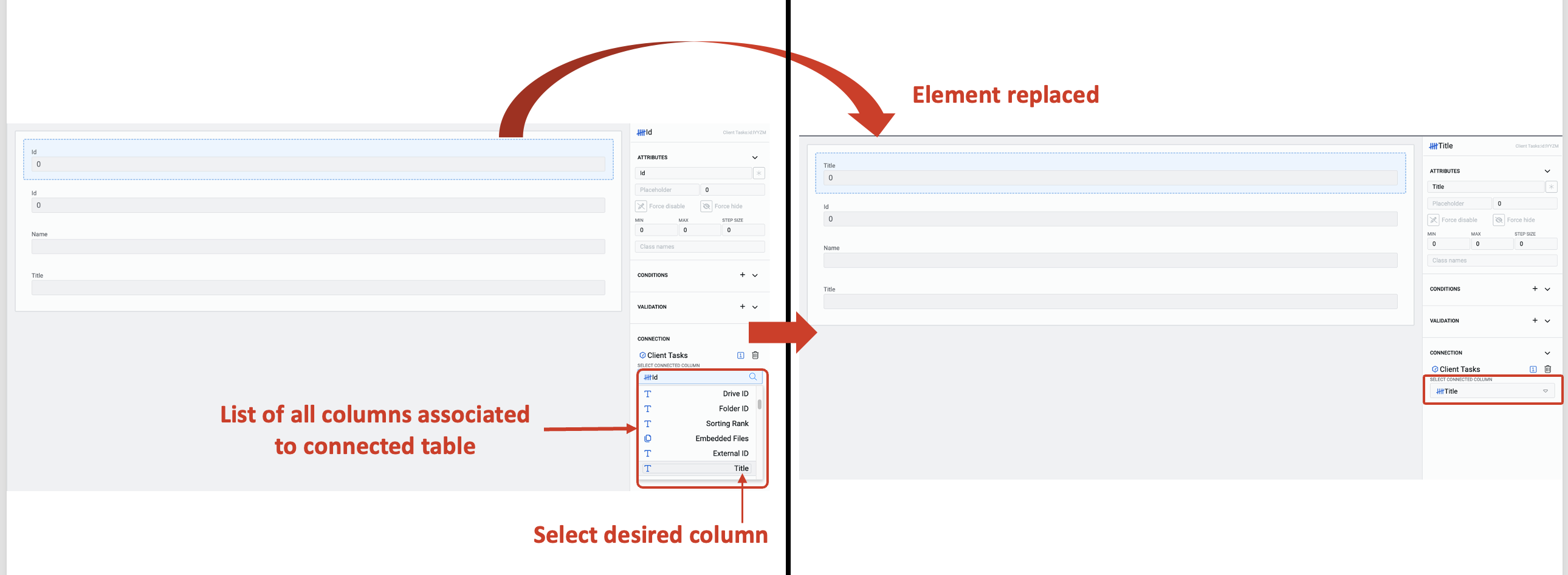 Image showing how the connected element can be replaced from the connection category